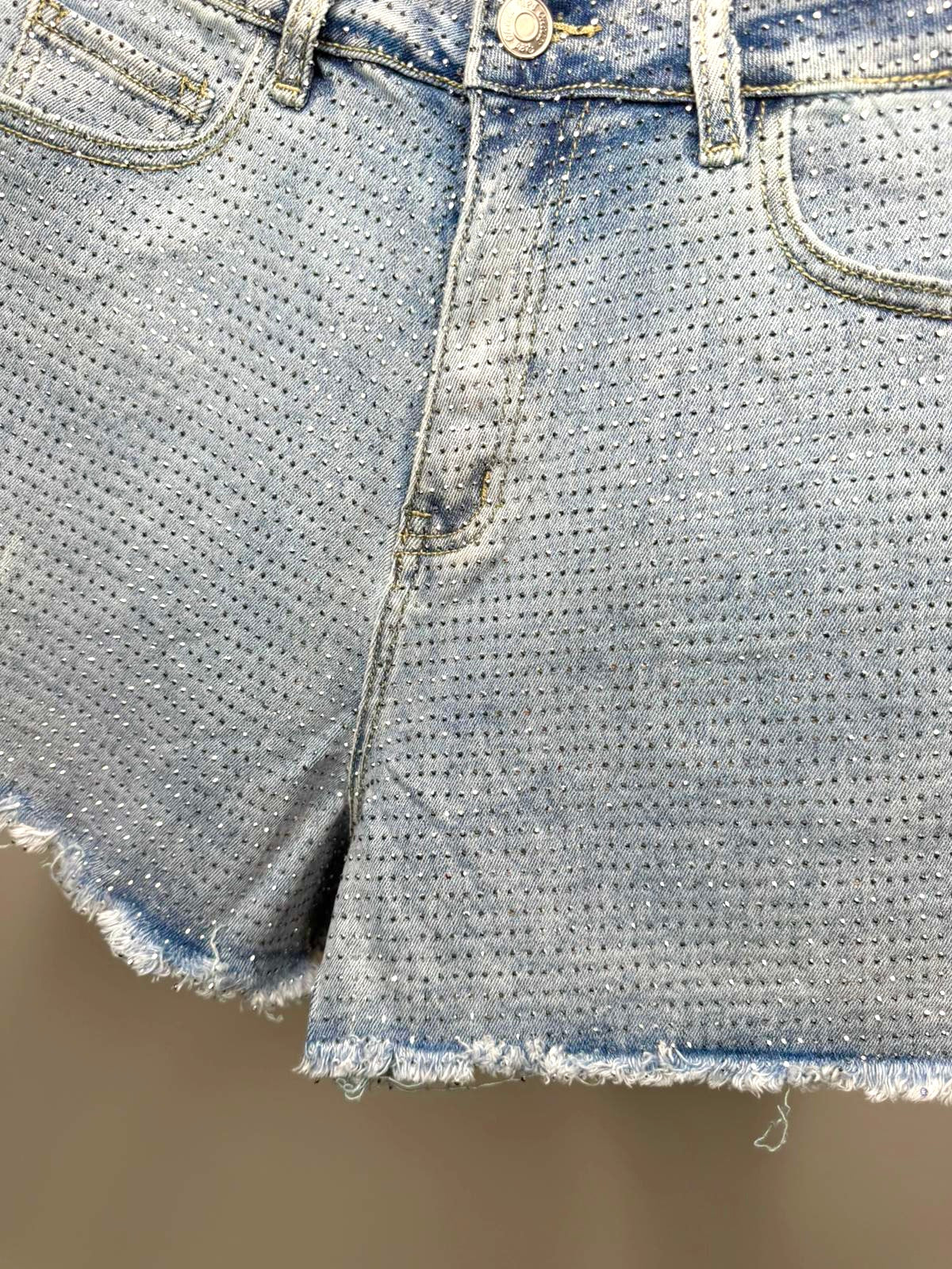Diamanté Stretchy Denim Shorts with Frayed Hem