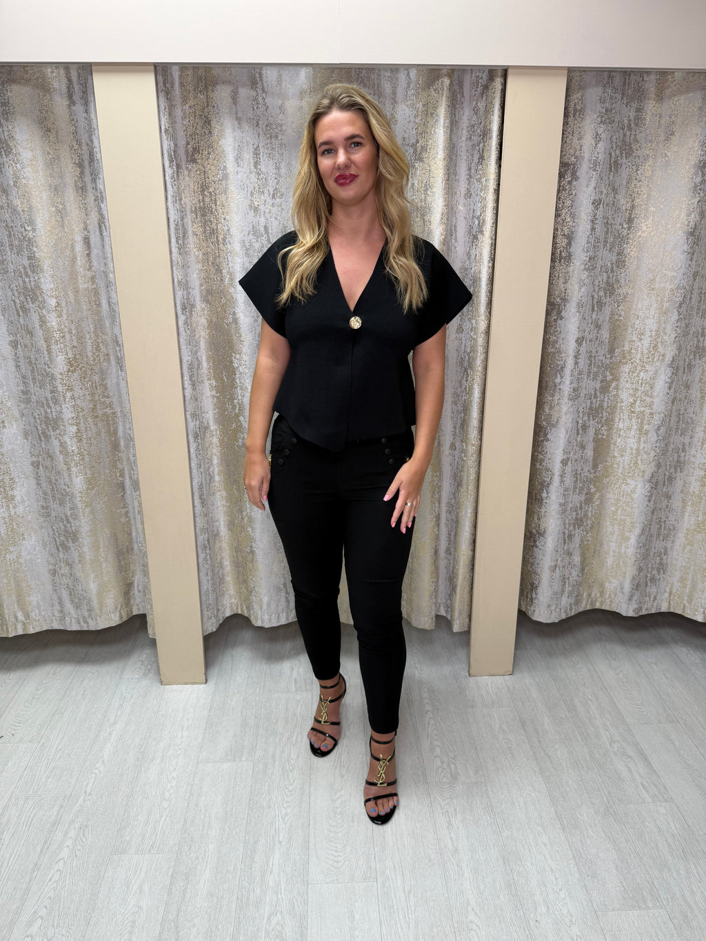 Cap Sleeve Wrap Top with Gold Button Detail