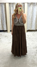Chocolate Brown & White Rope Detail Tiered Maxi Dress