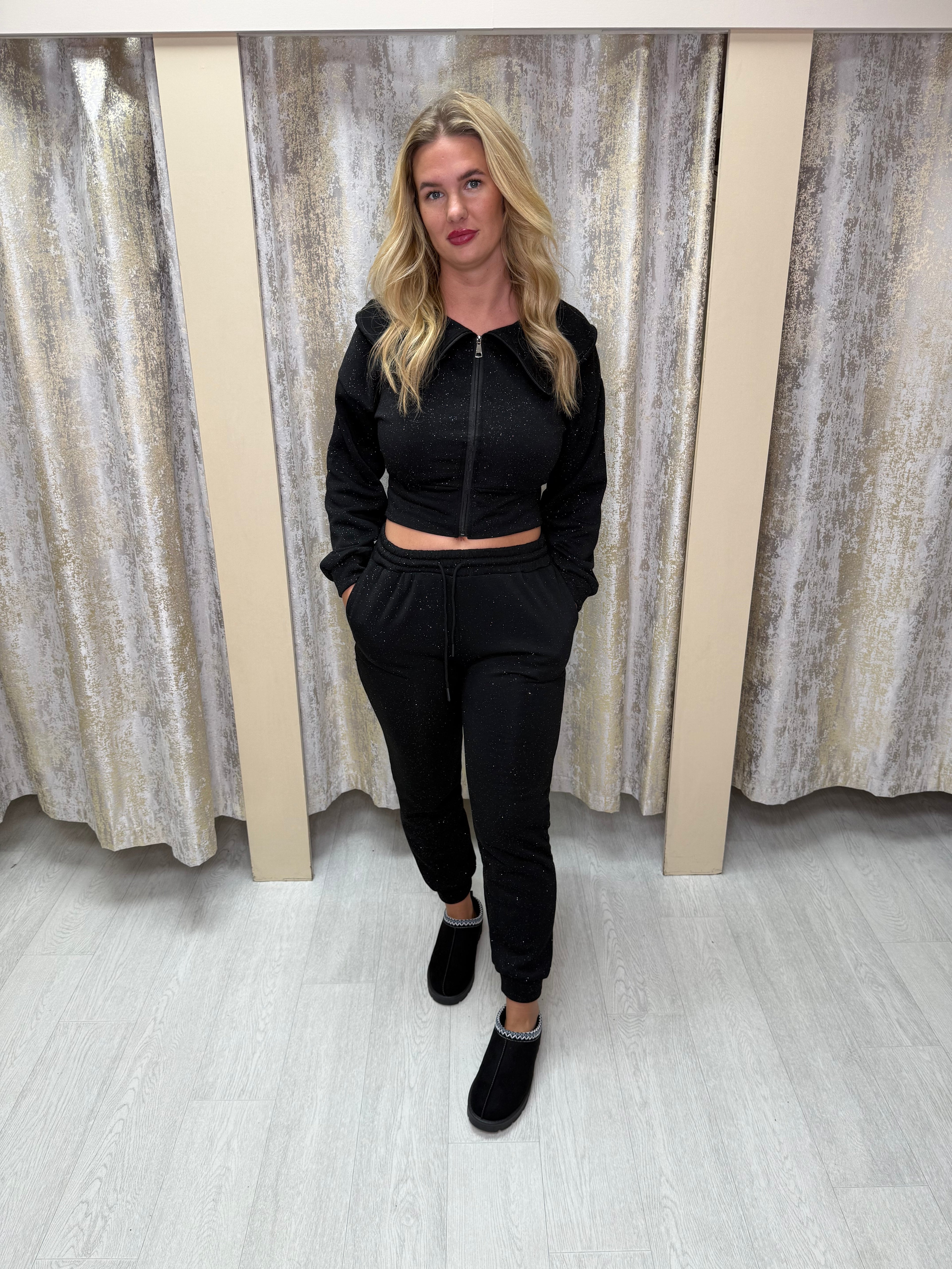 Cinched Waist & Oversized Collar Fine Glitter Cuffed Tracksuit - Black