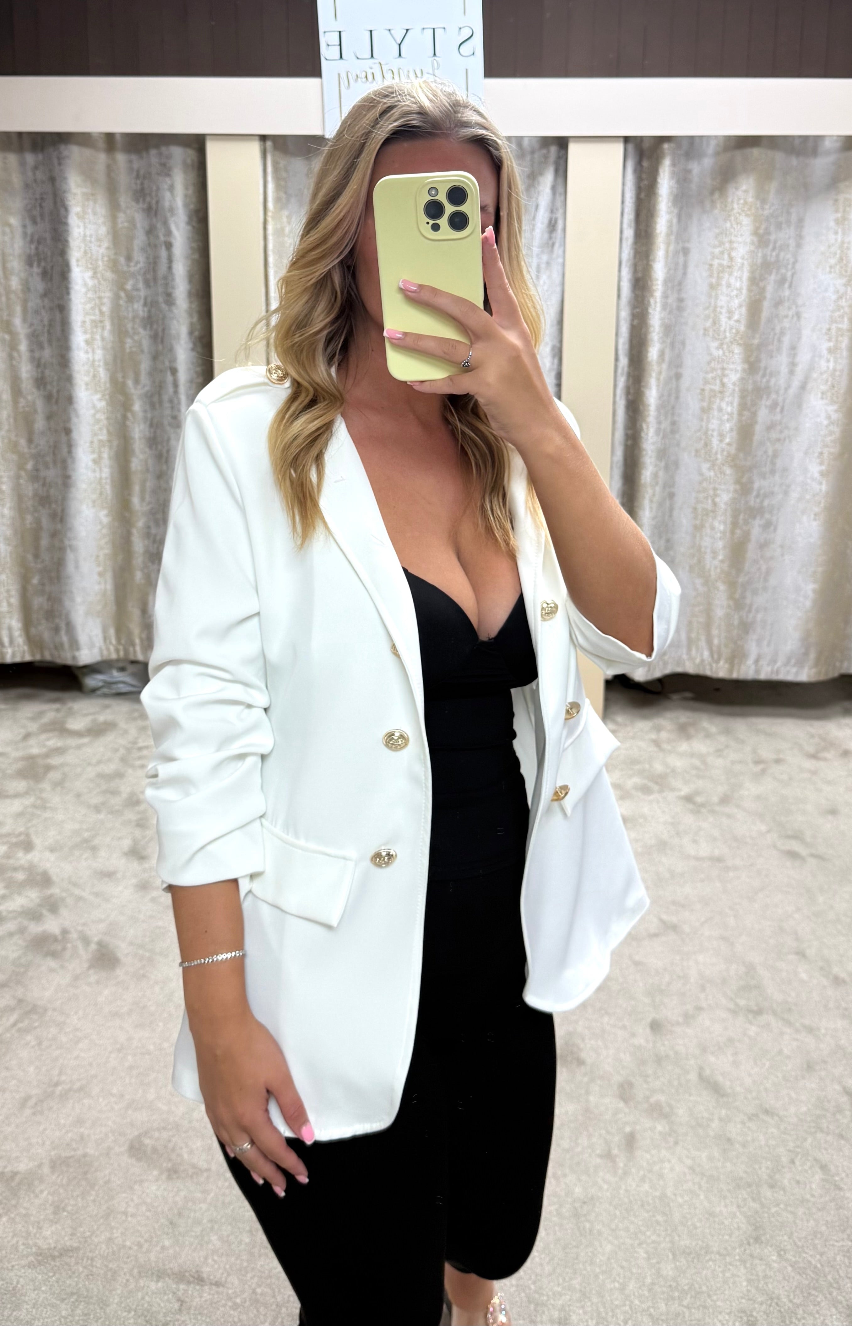 Ruched Sleeve Blazer With Gold Button Detail