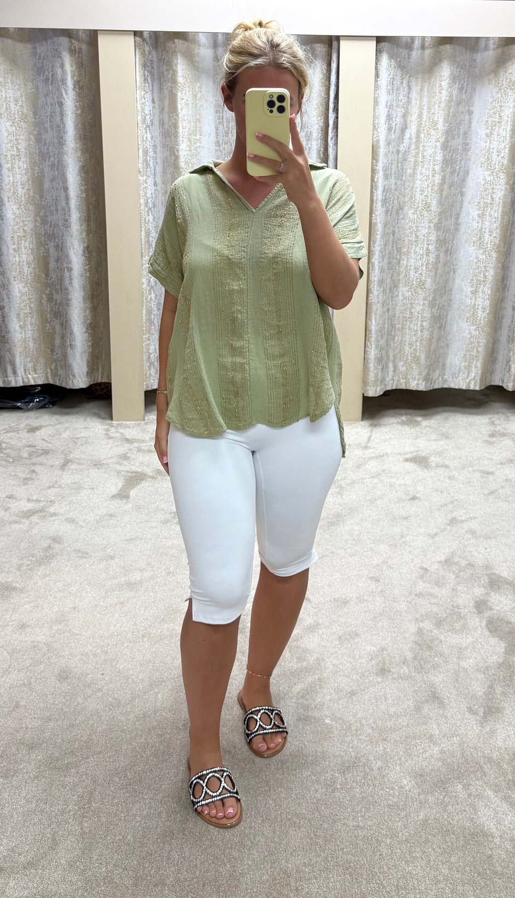 Linen & Cotton Blend Oversized Shirt With Metallic Gold Thread Detail