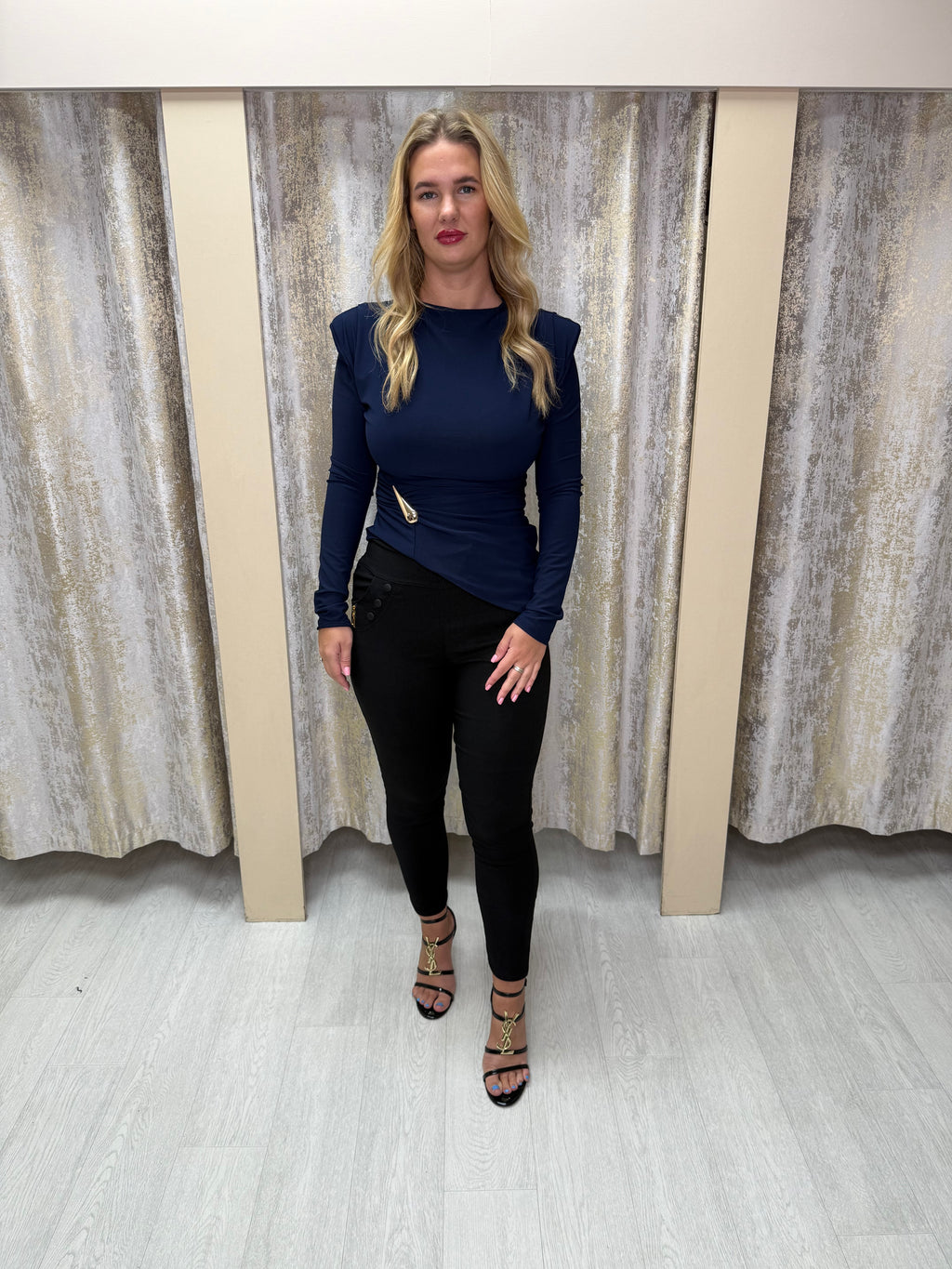 Asymmetric Side Split Long Sleeve Buckle Top with Shoulder Pads & Ruched Detailing