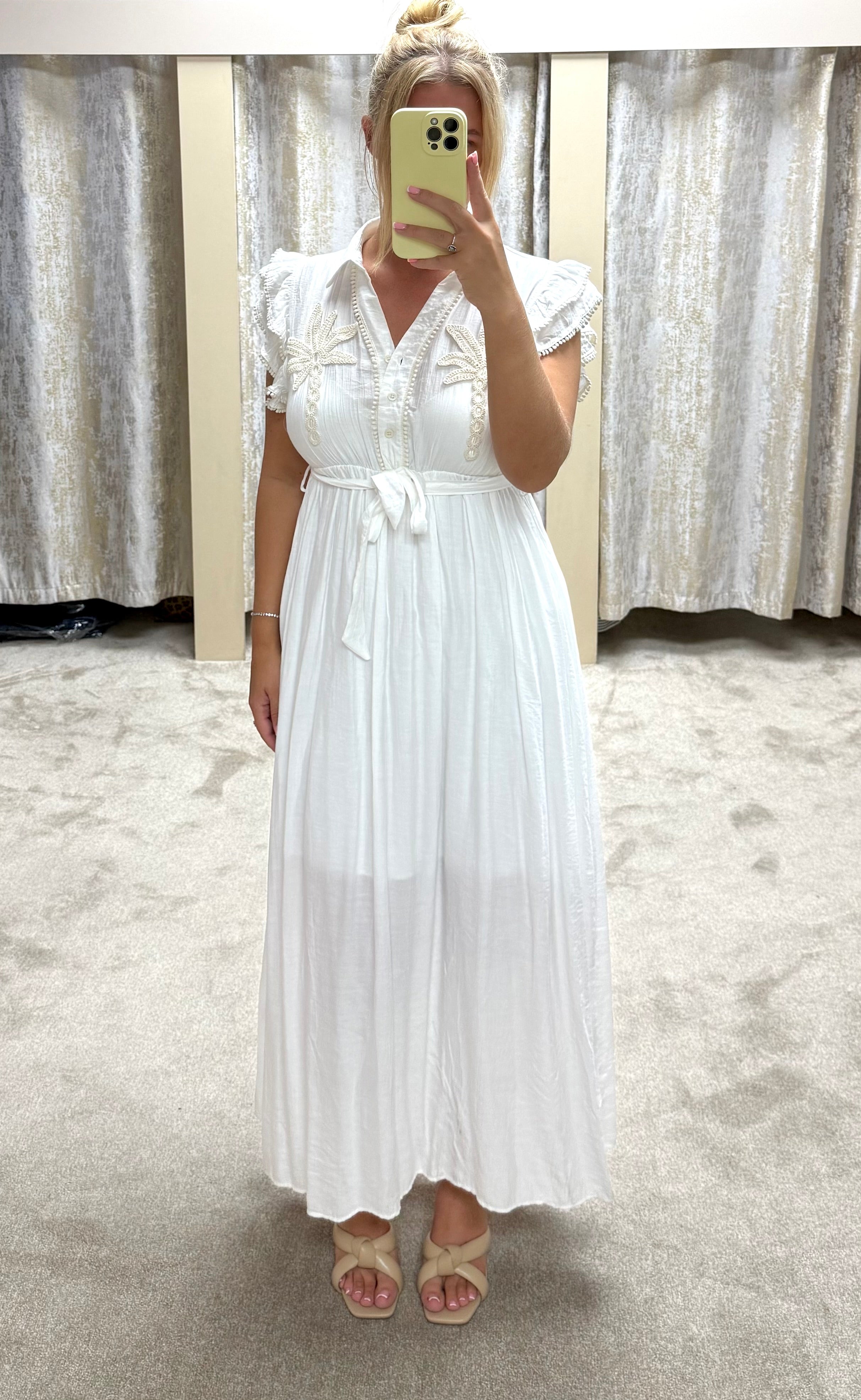 Palm Tree Embroidered Maxi Dress With Frill Detail Sleeves