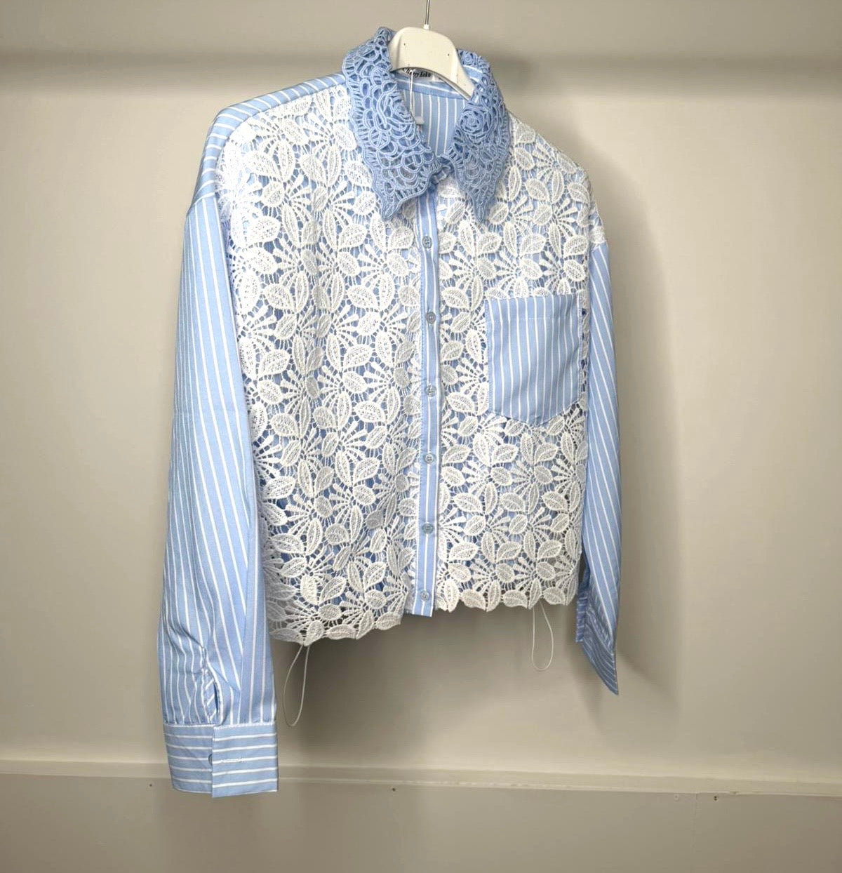 Blue & White Pinstripe Shirt with Lace Collar & White Crochet Flower Detail