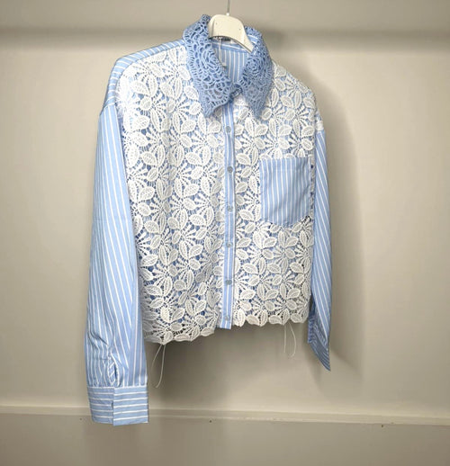 Blue & White Pinstripe Shirt with Lace Collar & White Crochet Flower Detail