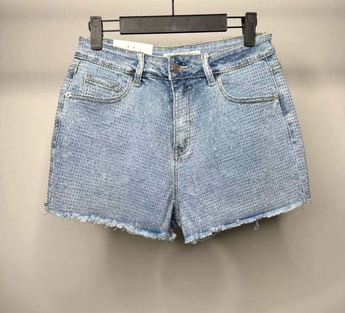 Diamanté Stretchy Denim Shorts with Frayed Hem