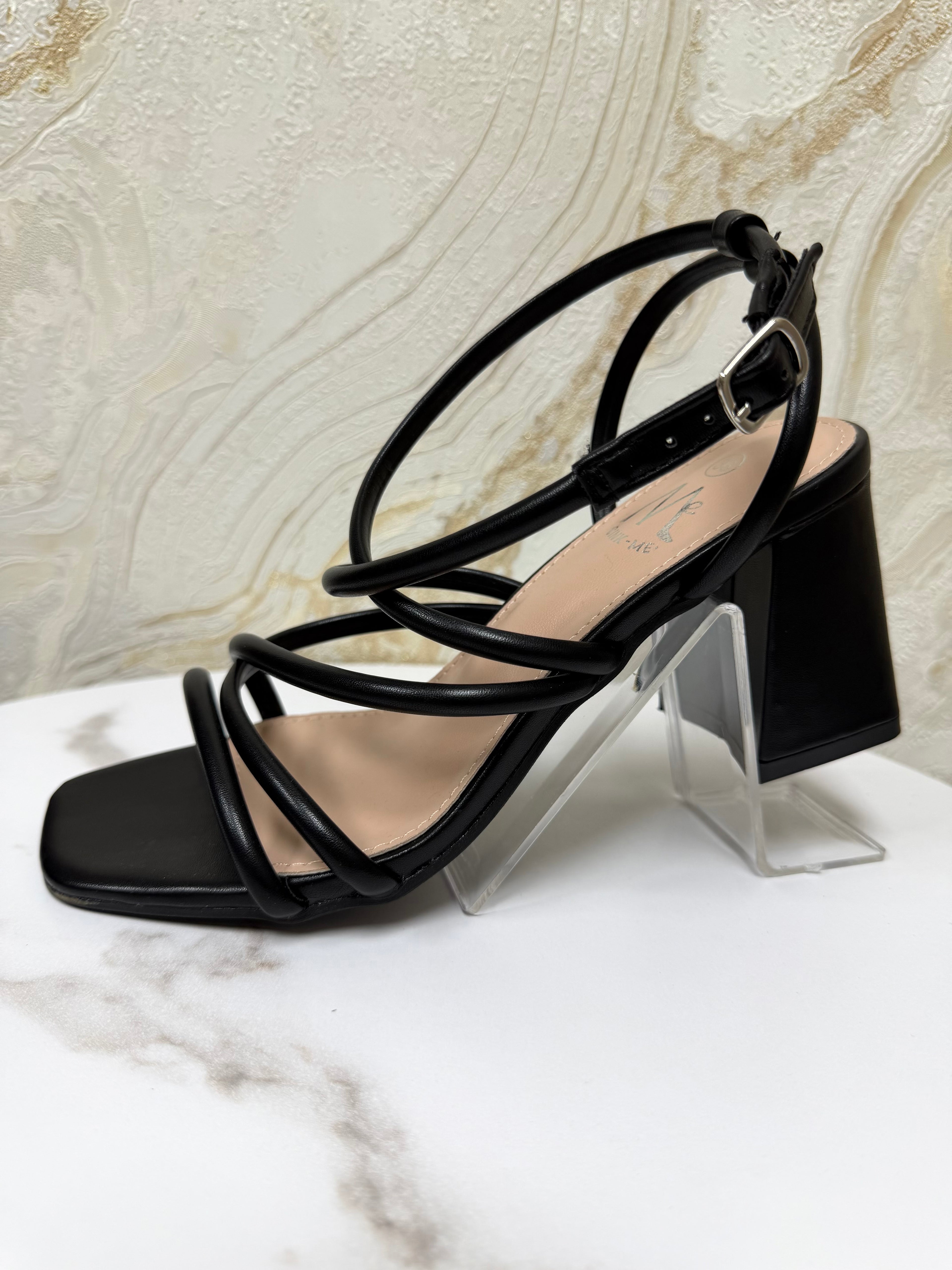 Strappy Comfy Platform Block Heels - Black
