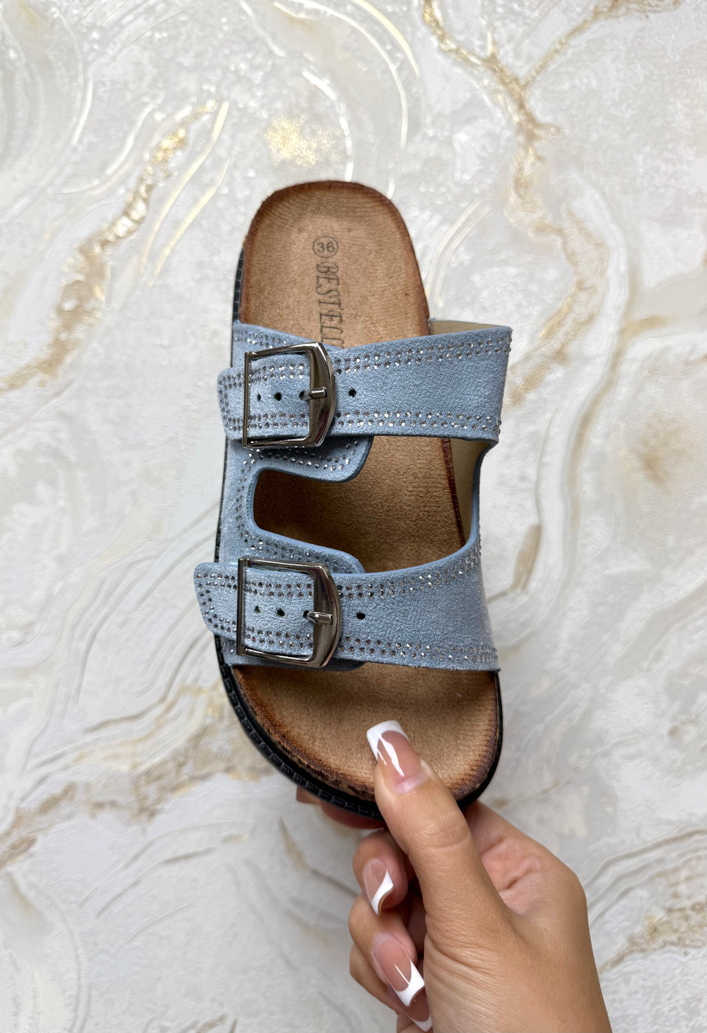 Diamanté Buckle Sliders - Denim Blue