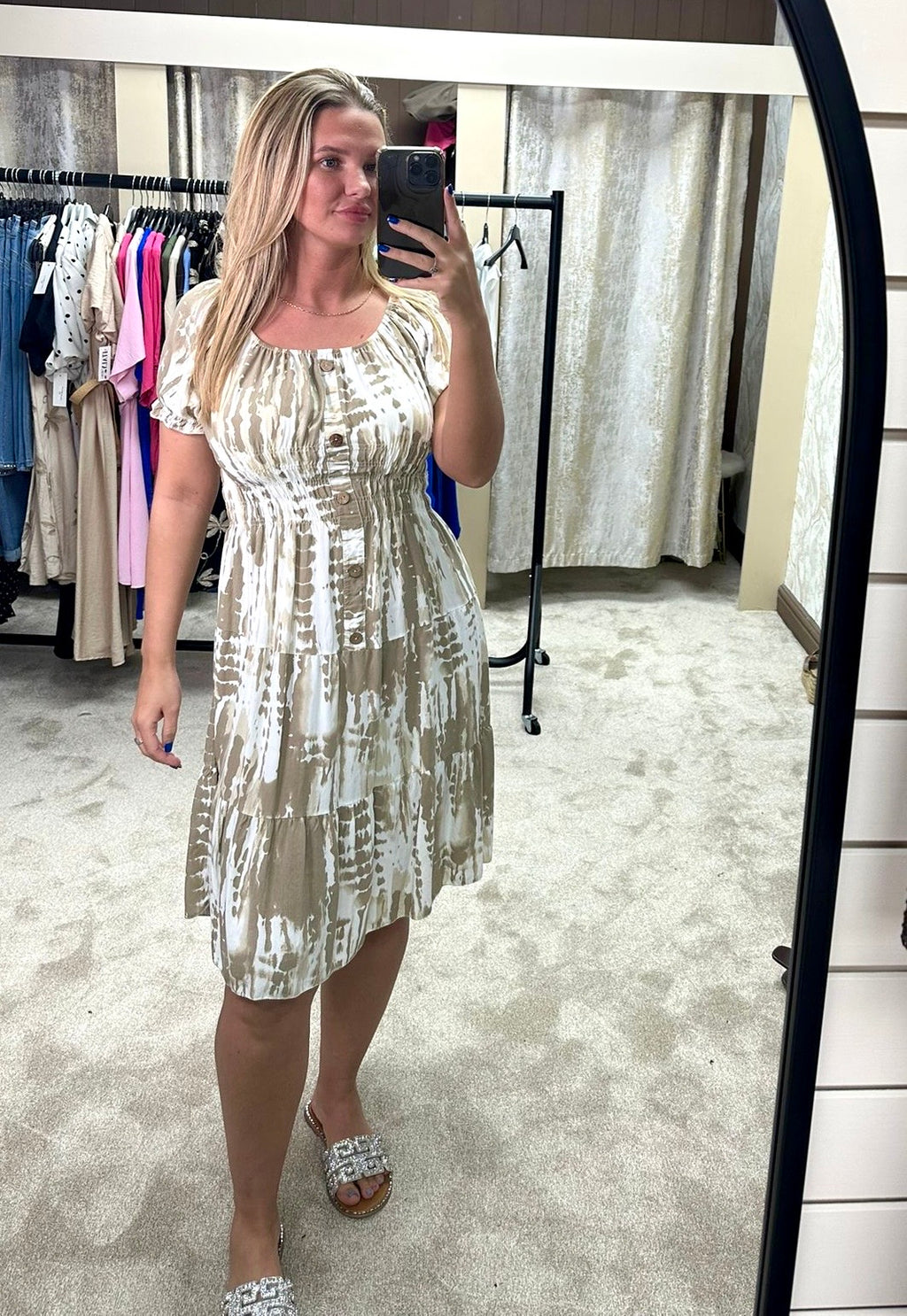 Tie Dye Elasticated Waist Cinching Tiered Dress