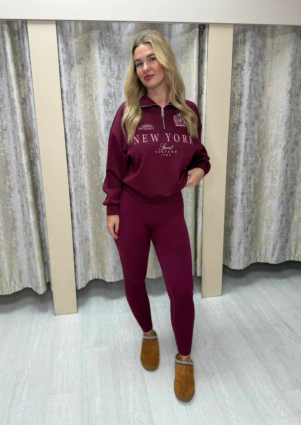 High Waisted Shaping Ribbed Leggings - Burgundy