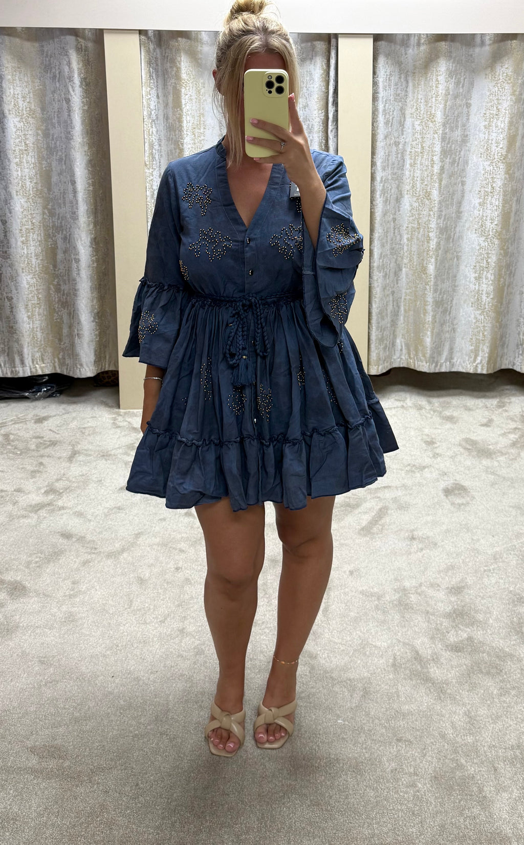 Denim Bell Sleeve Fit & Flare Dress With Gold Detailing