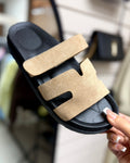 Hermes Inspired Faux Suede Velcro Sliders - Sand