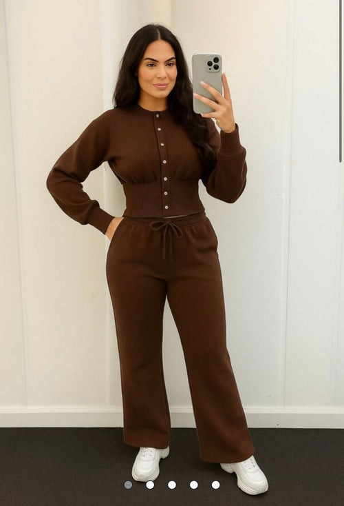 Corset Fit Cinched Waist Snap Button Sweatshirt with Wide Leg Trousers - Chocolate Brown