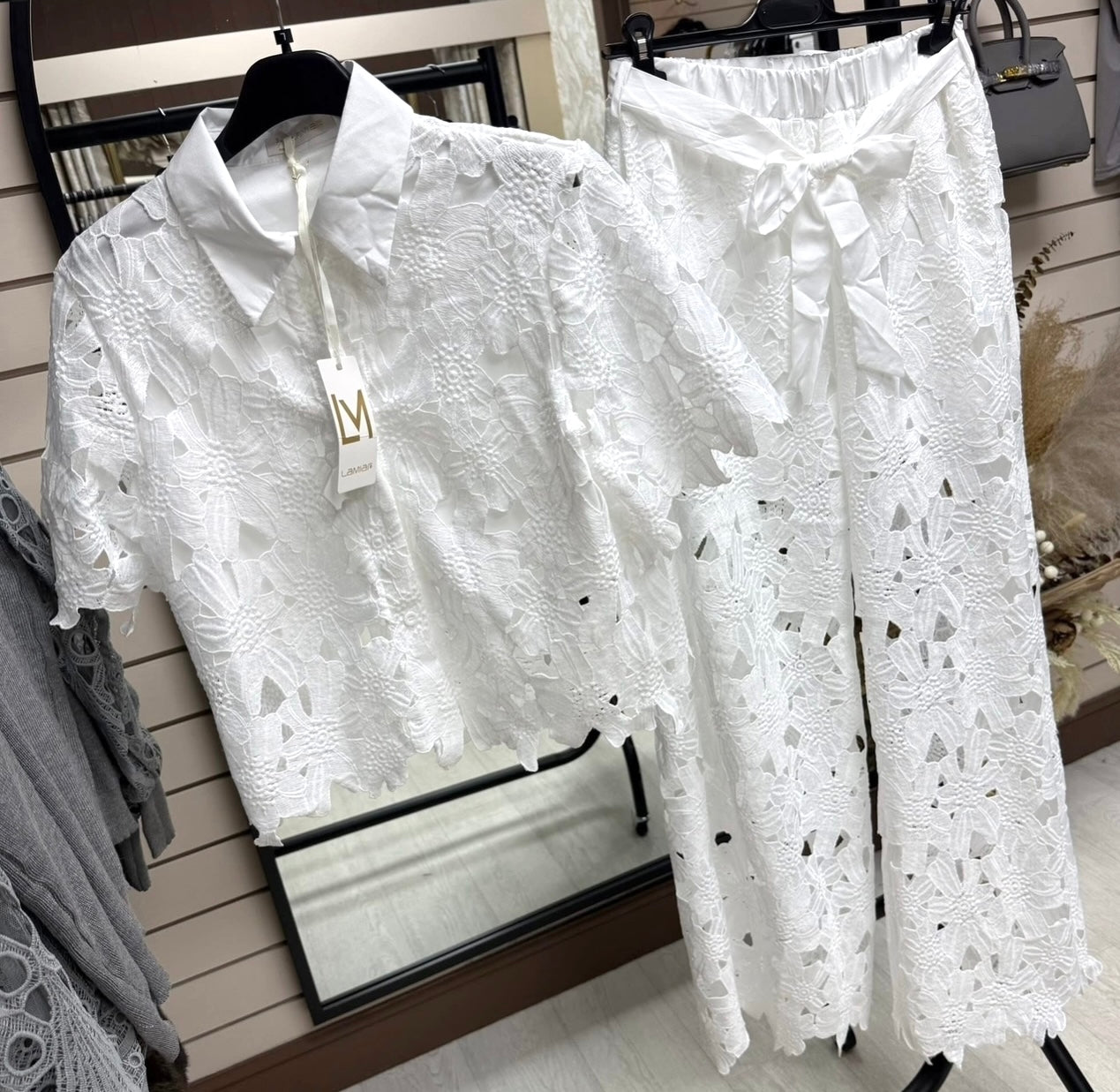 LUXE Lace Crochet Shirt & Bow Belted Trousers Co Ord