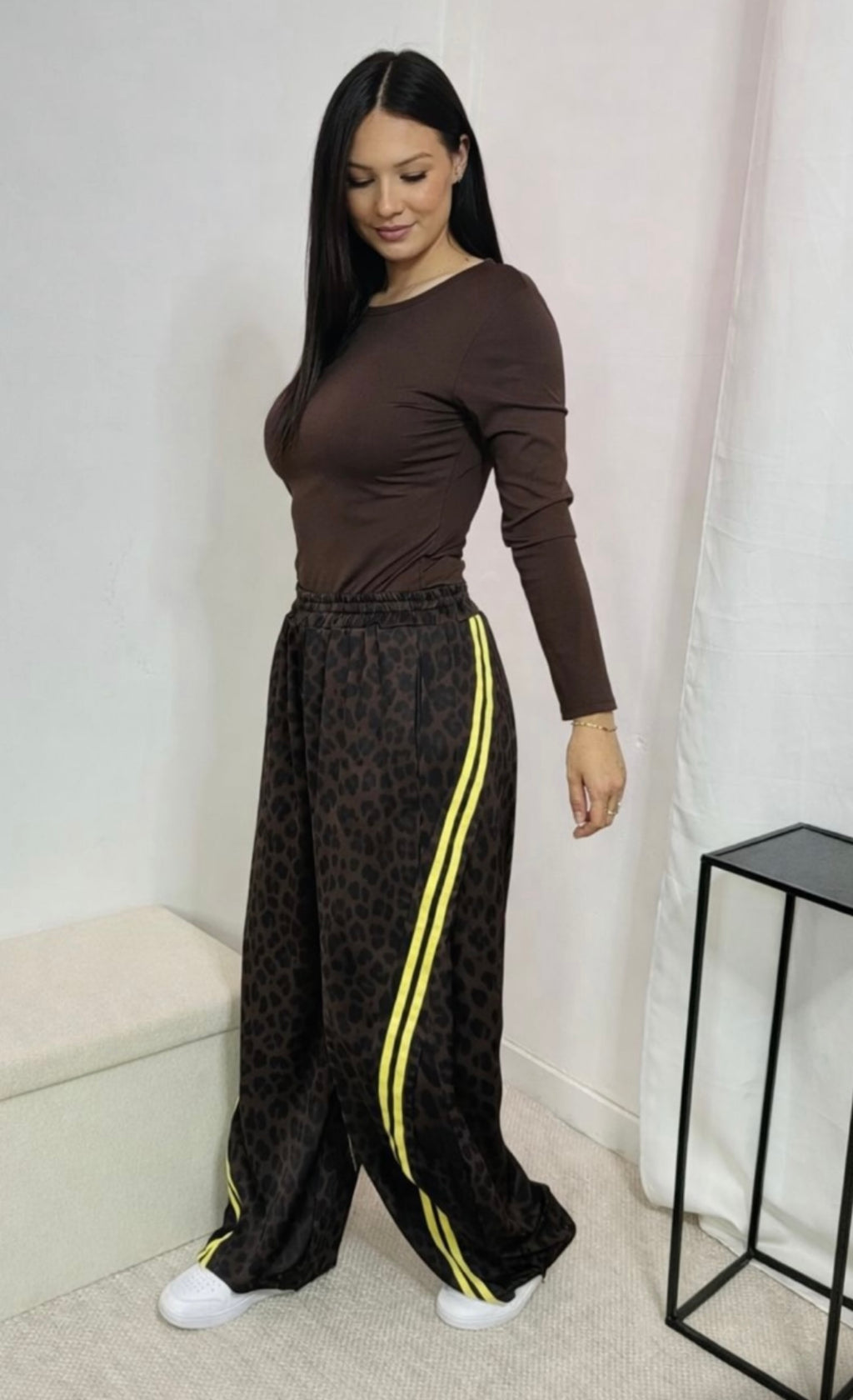 Leopard Print Stripe Detail Elasticated Toggle Joggers