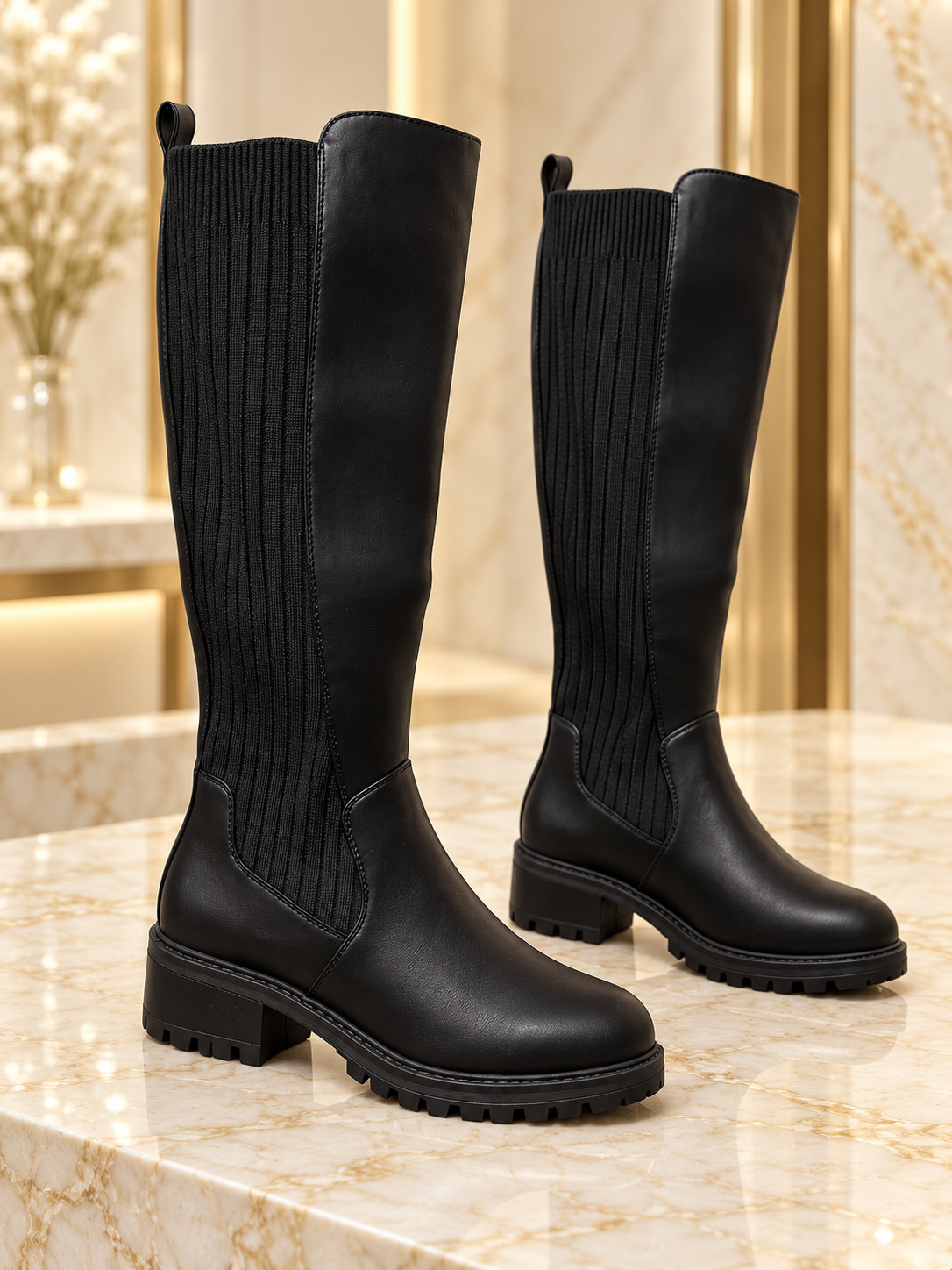 Knee High Flat Elasticated Zip Up Boots