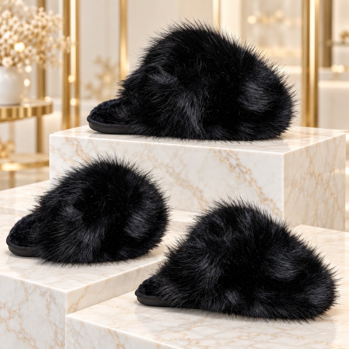 Luxe Faux Fur Slippers - Black