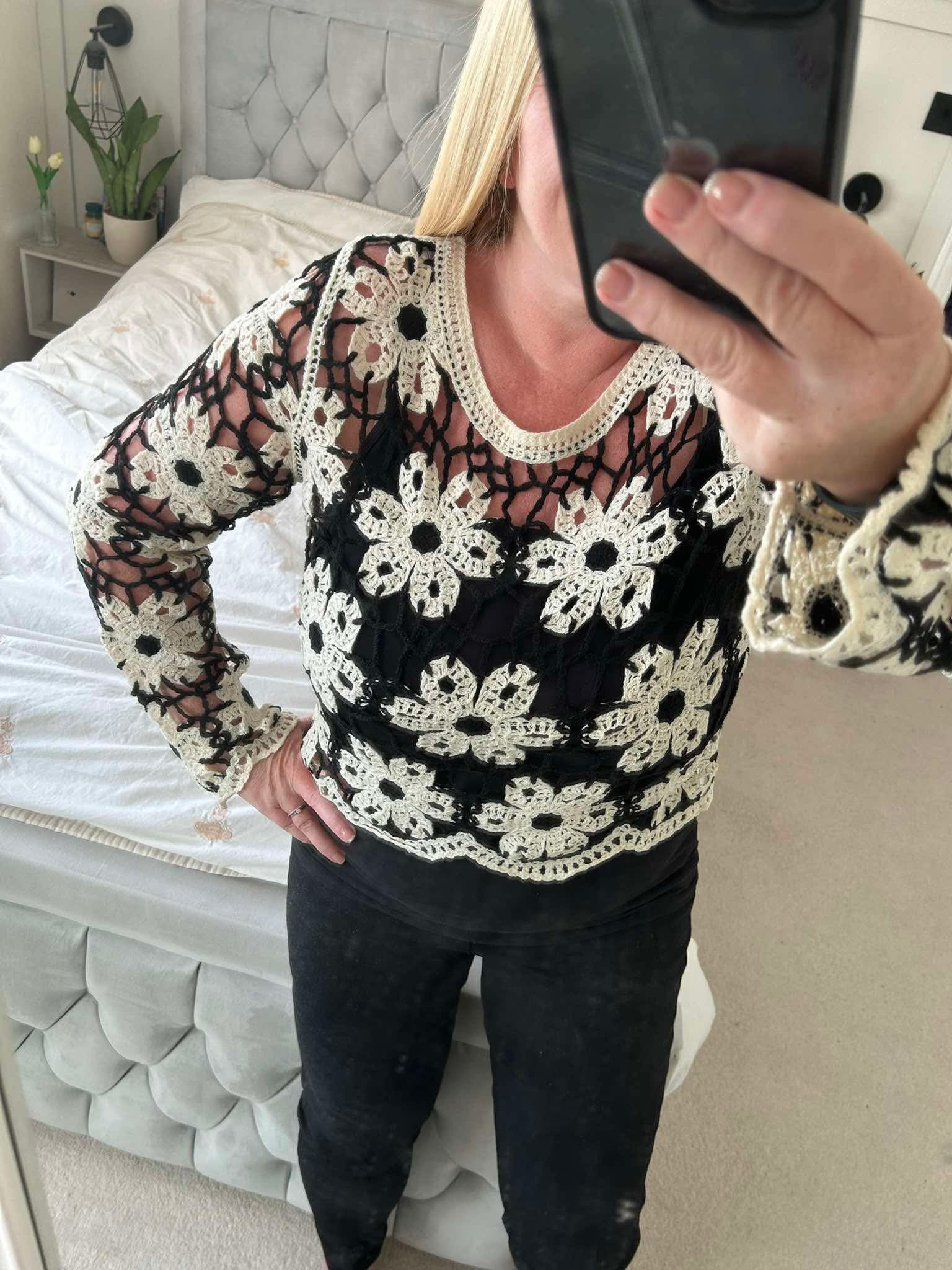 White & Black Flower Detail Crochet Top