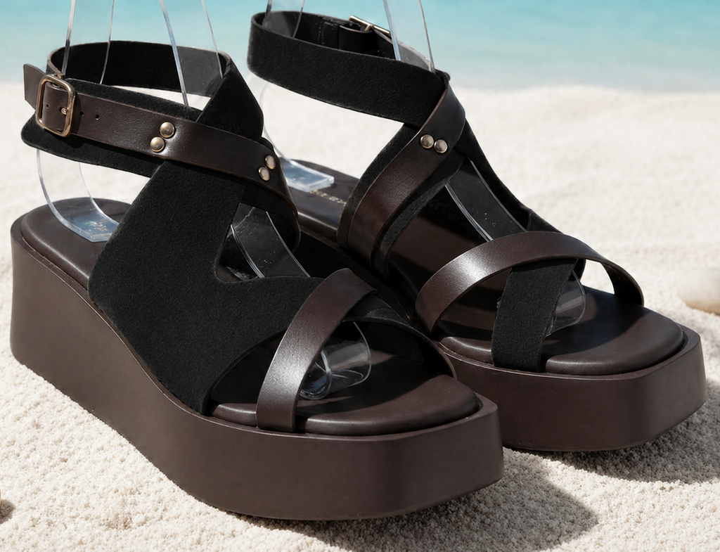 Faux Suede Strappy Flatform Wedge Sandals - Black & Brown