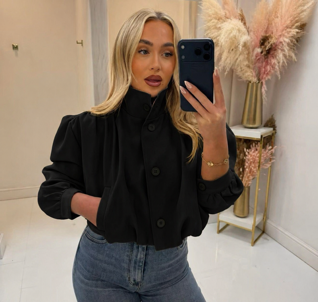 Zara Inspired Cropped Jacket With Ruched Sleeve Detail