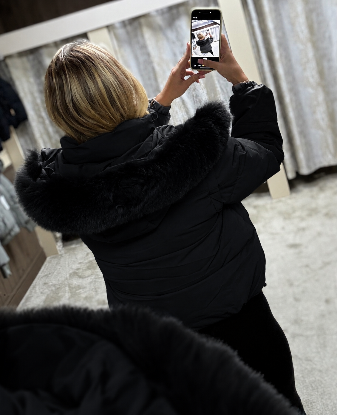 Luxe Faux Fur Gold Zip Detail Coat - Black
