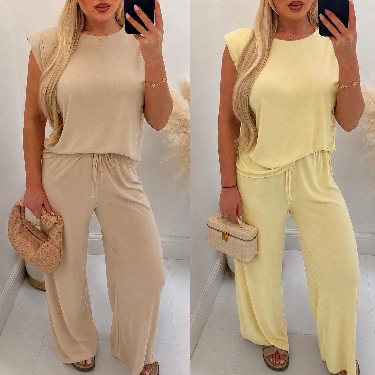 Flattering Ruched Detail Shoulder Pad Top & Elasticated Waist Trouser Co Ord