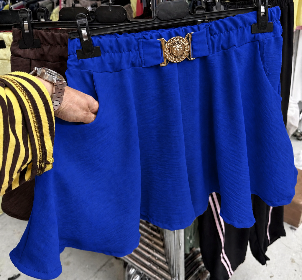 Elasticated High Waisted Floaty Shorts With Gold Buckle Detail