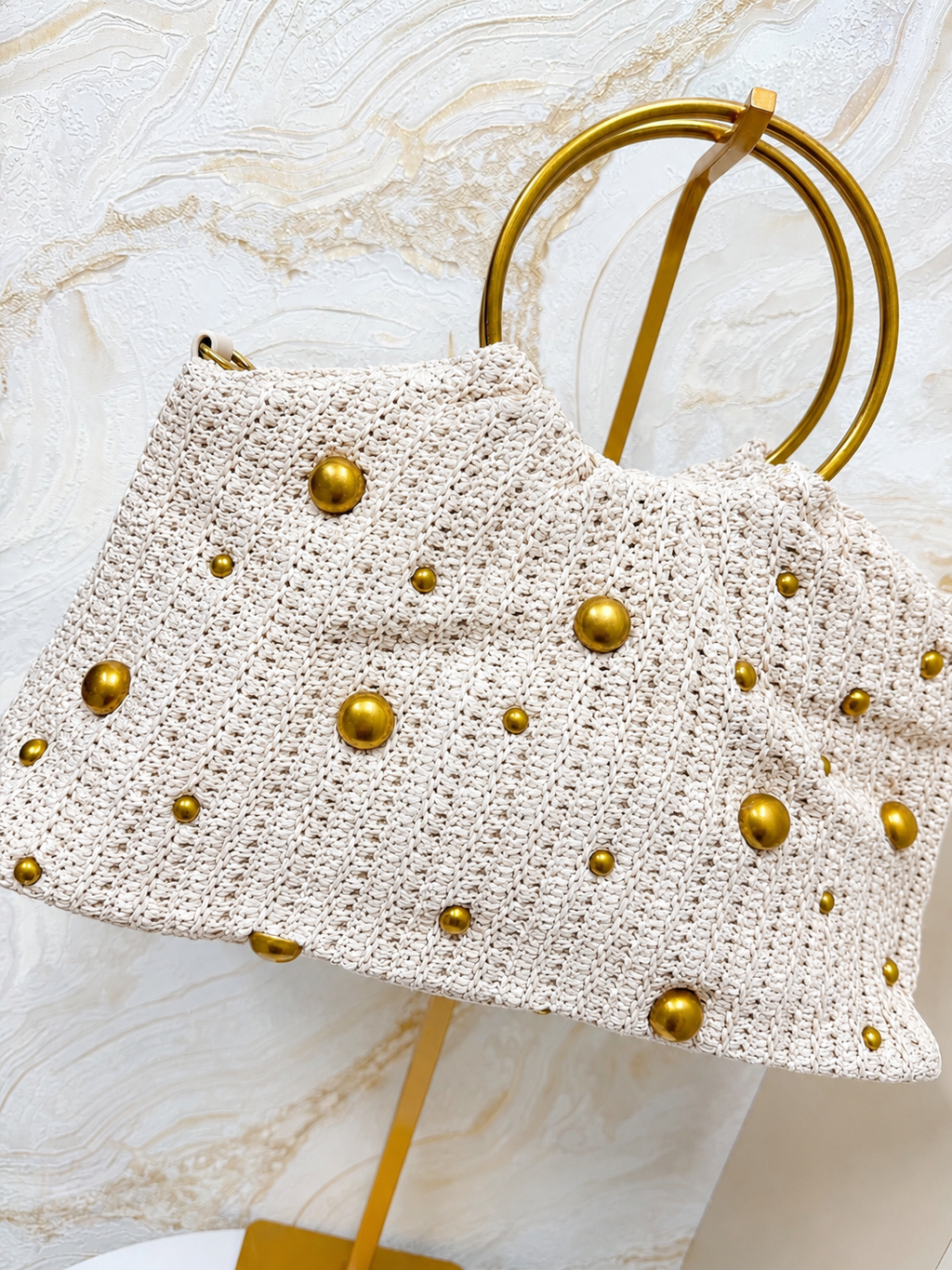 Gold Ring Handle Boho Woven Bag - Neutral