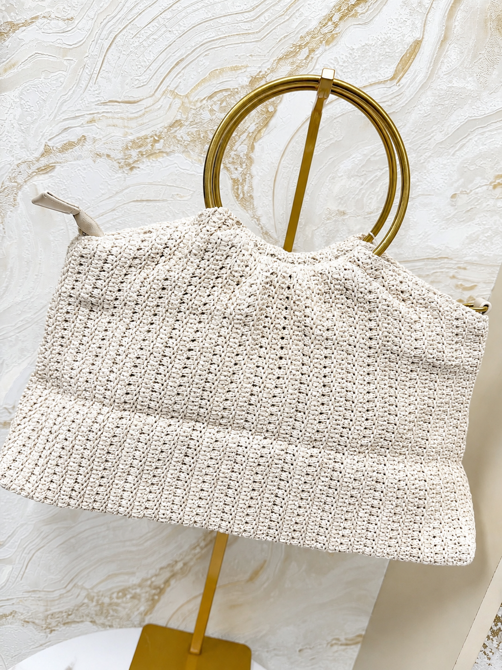 Gold Ring Handle Boho Woven Bag - Neutral