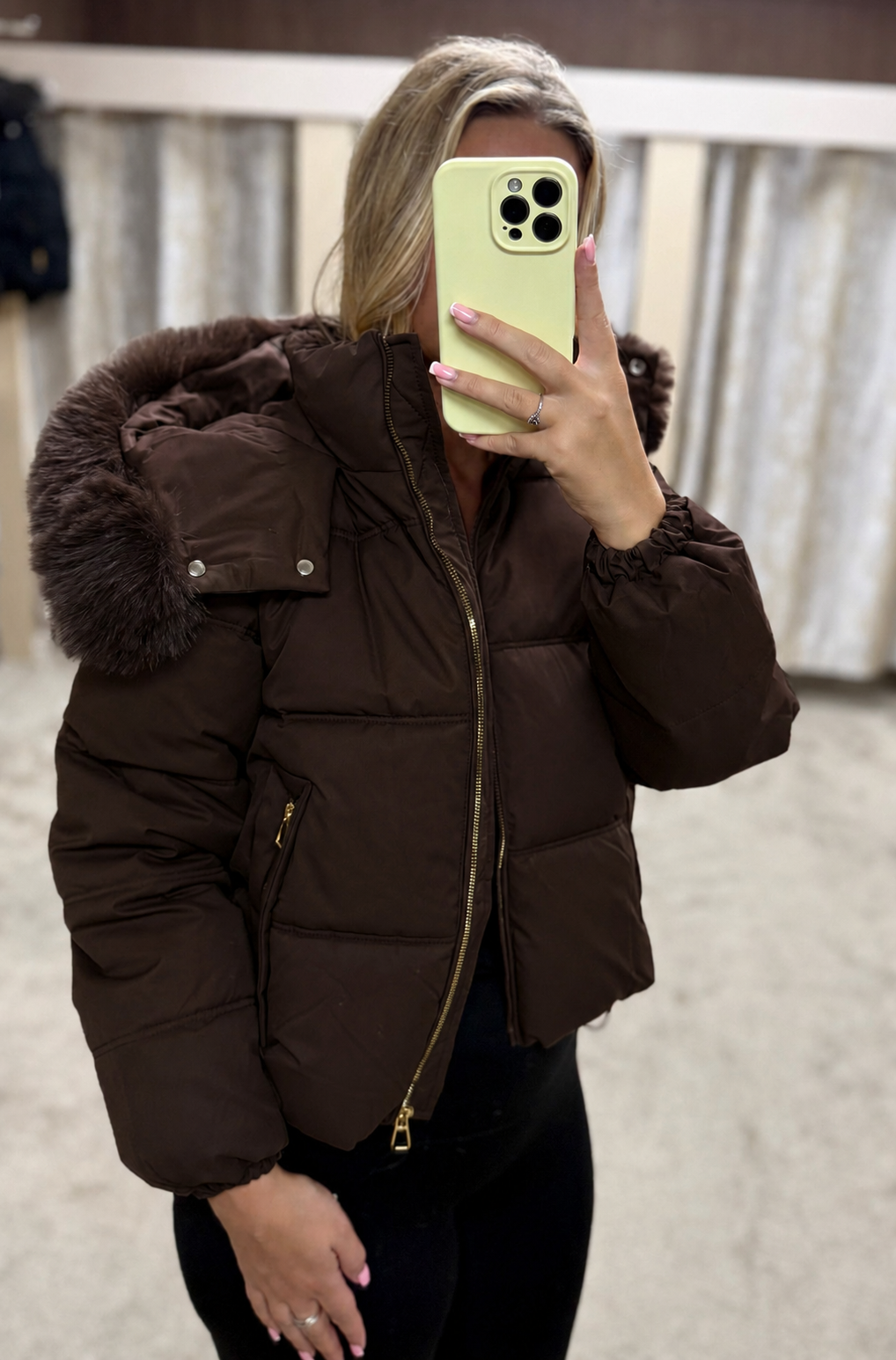 Luxe Faux Fur Gold Zip Detail Coat - Chocolate Brown