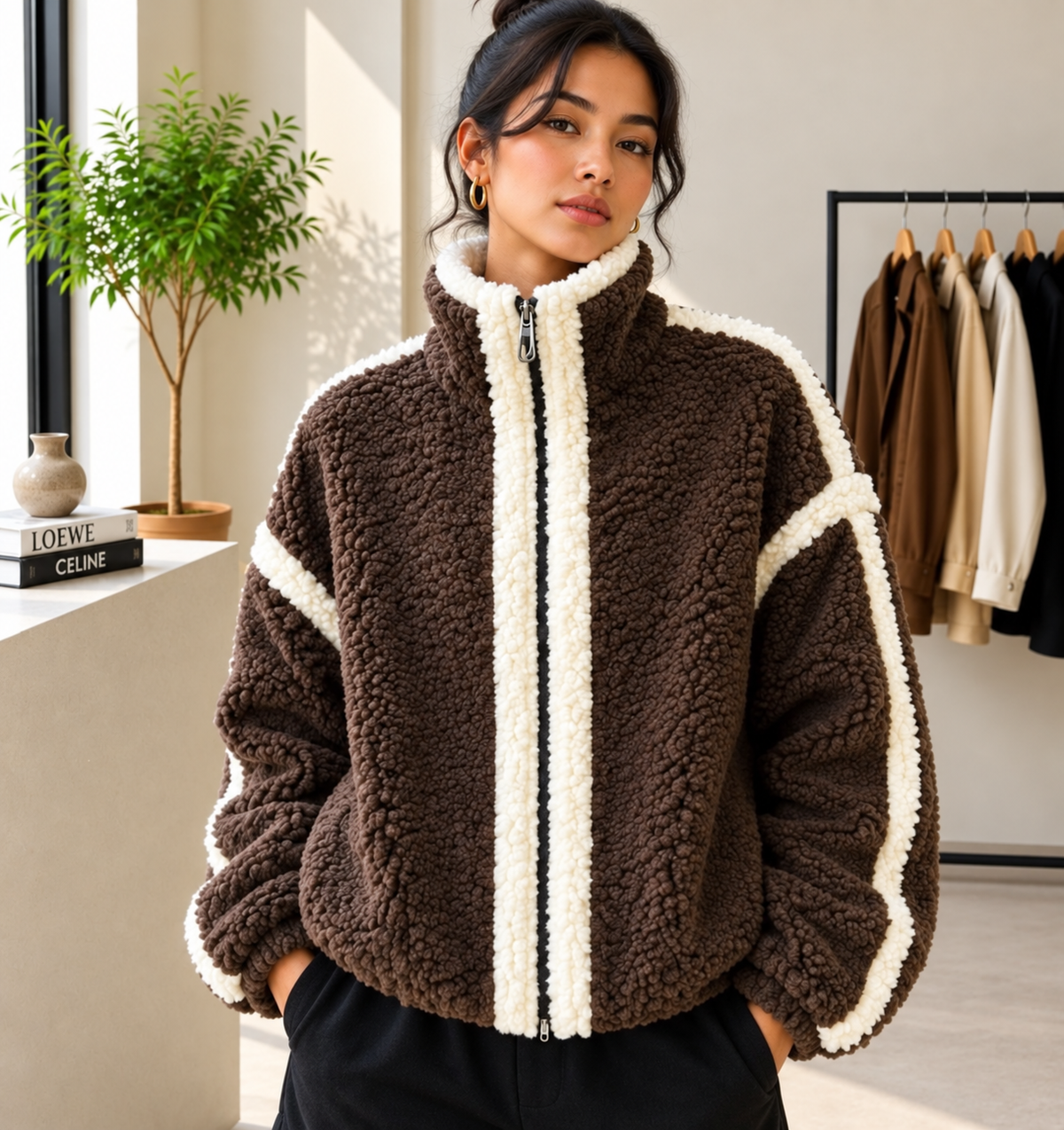 Chocolate Brown & White Stripe Teddy Jacket