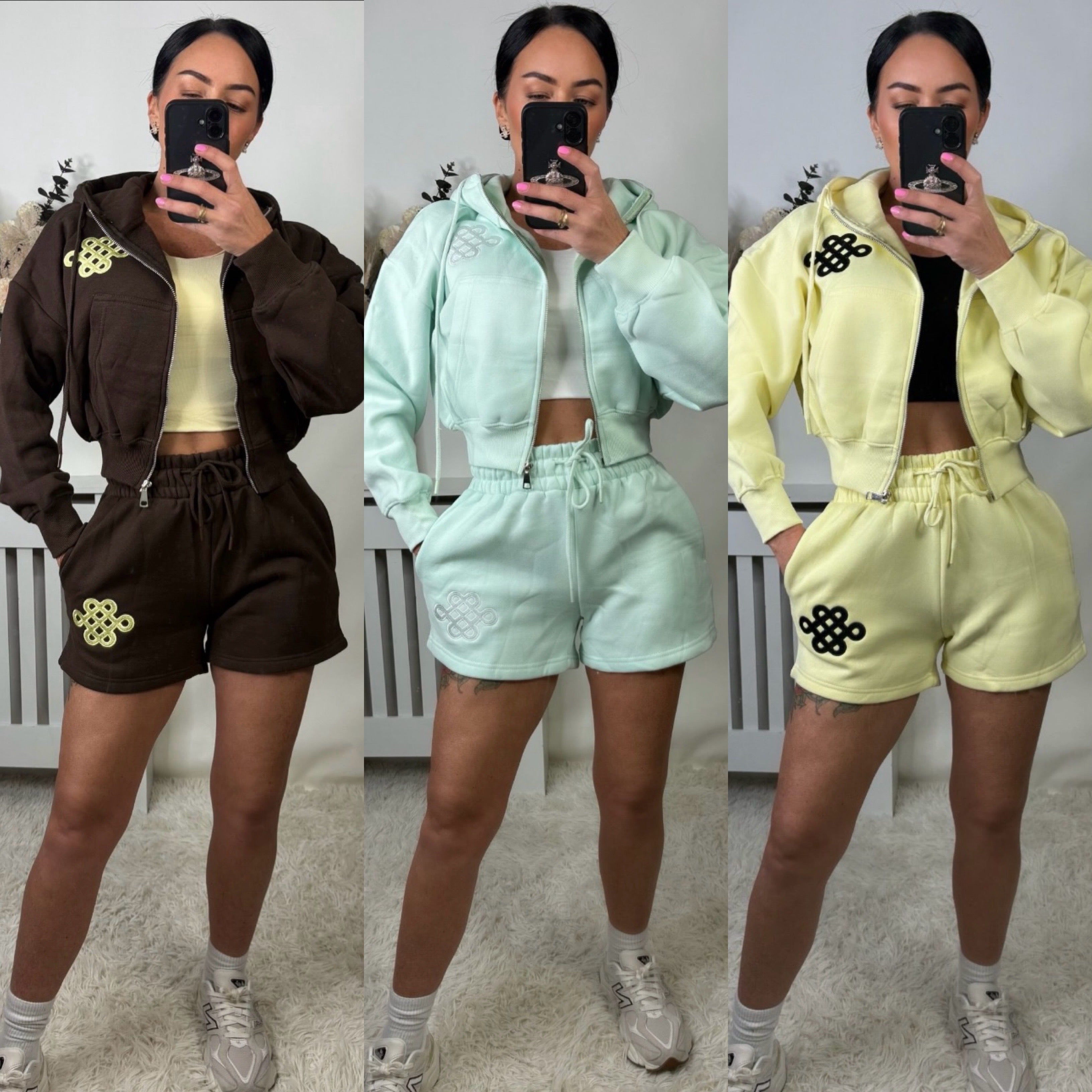 Oversized Waist Cinching Zip Up Hoodie & Shorts Knot Logo Co Ord - Chocolate Brown
